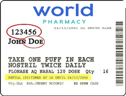 A fake pharmacy receipt with the expiration date of john doe.